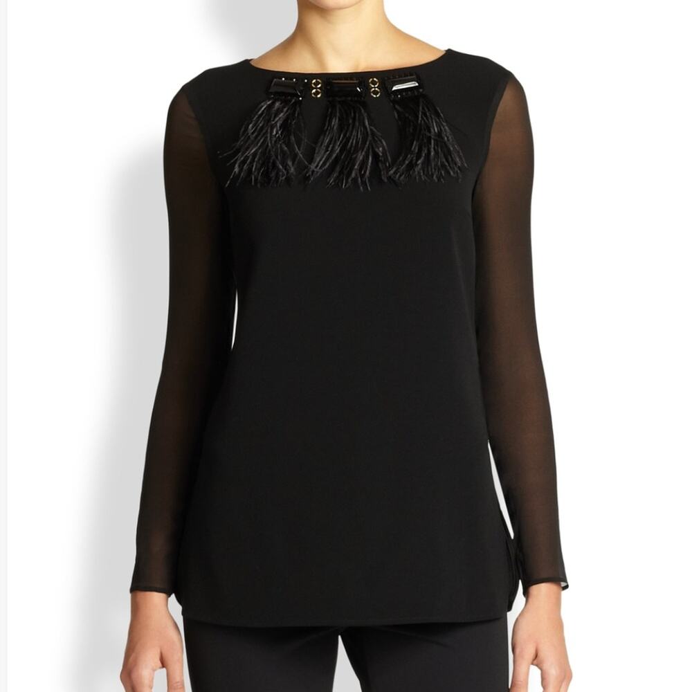 Escada Nayomie ostrich feather embellished top black Sz 32